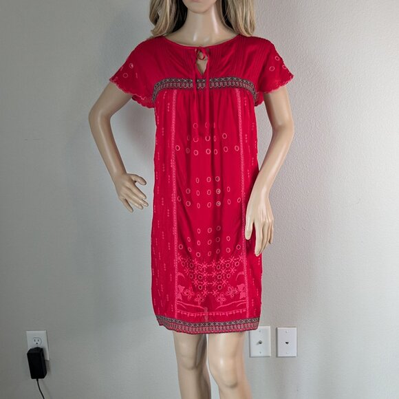 Johnny Was Dress Women's Small Red Eyelet Embroidered Scalloped V-Neck Babydoll - Picture 2 of 16